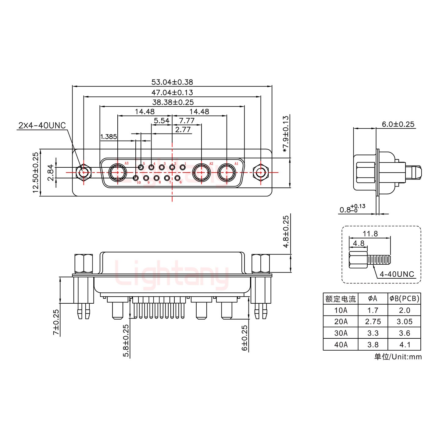 13W3母PCB直插板/鉚魚(yú)叉7.0/大電流10A