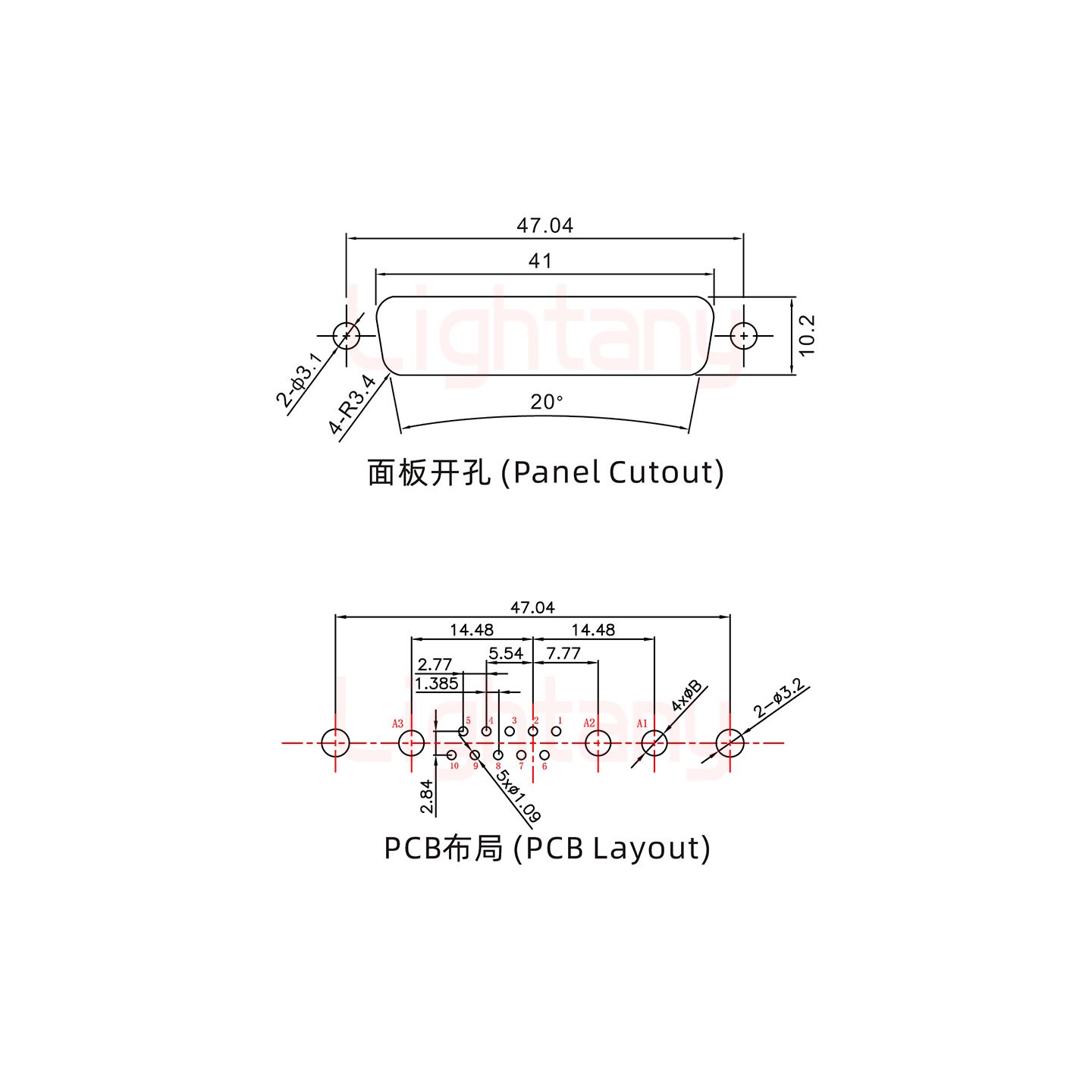 13W3母PCB直插板/鉚魚(yú)叉7.0/大電流10A