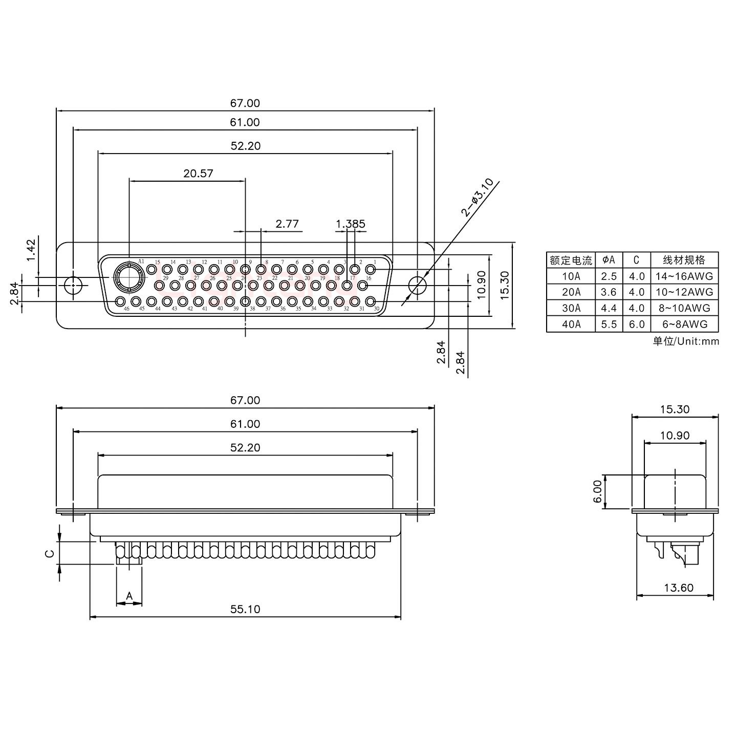 47W1母短體焊線20A+50P金屬外殼1745彎出線4~12mm