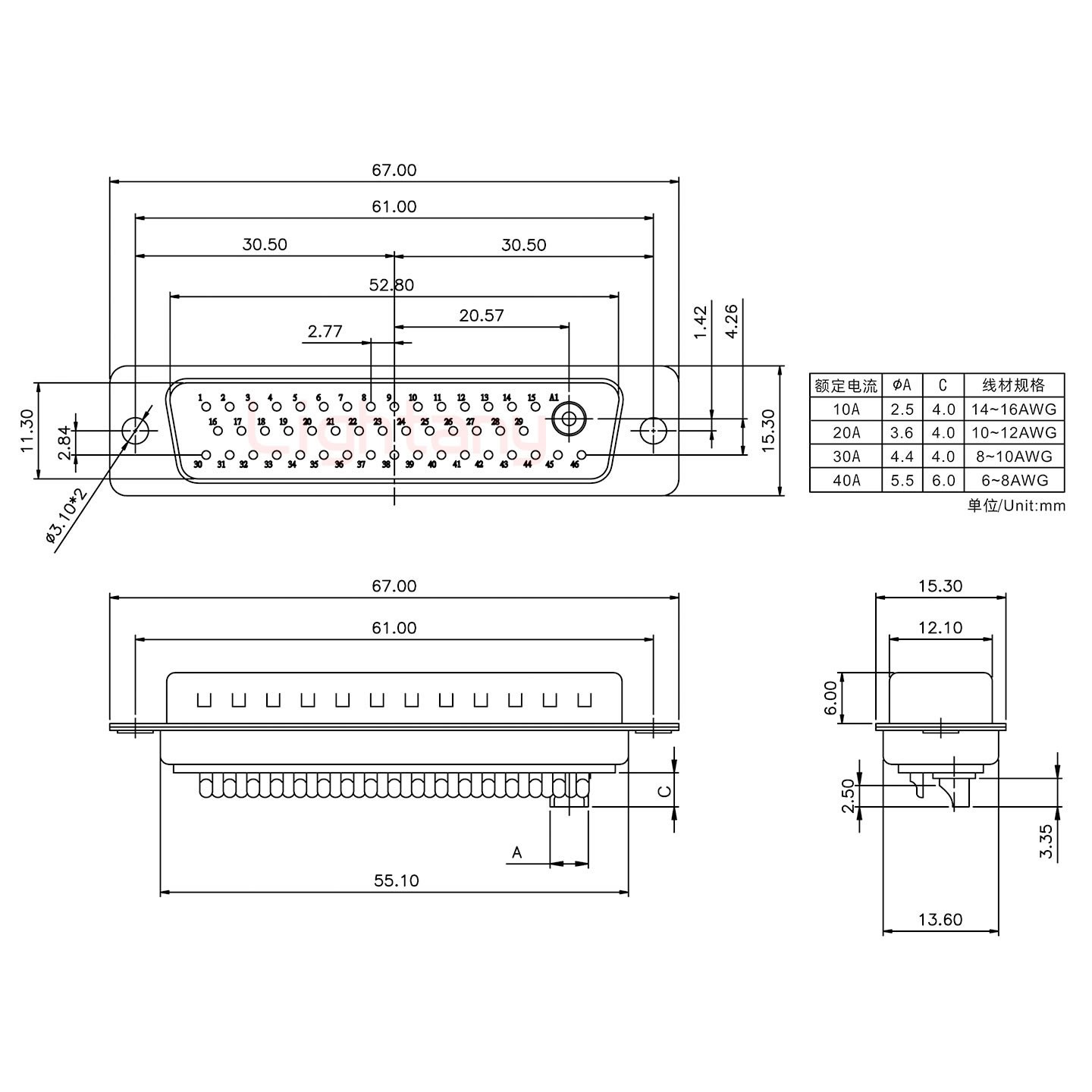 47W1公短體焊線30A+50P金屬外殼2252三個(gè)出線孔12mm